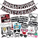 Wobbox 70th Anniversary Photo Booth Party Props DIY Kit with 70th Anniversary Bunting Banner, Red Gliter &amp; Black, Anniversary Party Decoration