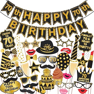 wobbox 70th birthday photo booth party props - black amp golden with bunting banner decoration items and props