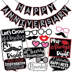 wobbox anniversary photo booth party props diy kit with happy anniversary bunting banner red gliter amp black anniversary party decoration