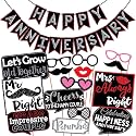 Wobbox Anniversary Photo Booth Party Props DIY Kit with Happy Anniversary Bunting Banner, Red Gliter &amp; Black, Anniversary Party Decoration