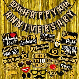 wobbox happy anniversary banner black amp gold with hanging stars 10th year party props amp golden foil fringe anniversary decoration item