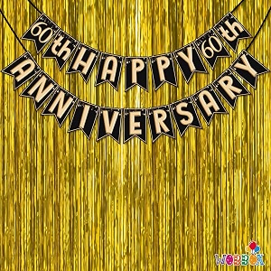 wobbox happy anniversary bunting banner black amp copper gold text with hanging stars 60th year with golden colour foil fringe anniversary decoration for home happy anniversary decoration item