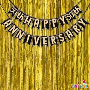 wobbox happy anniversary bunting banner black amp copper gold text with hanging stars 50th year with golden colour foil fringe anniversary decoration for home happy anniversary decoration item