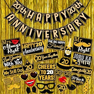 wobbox happy anniversary bunting banner black amp copper gold text with hanging stars 20th year with happy anniversary party props amp golden colour foil fringe happy anniversary decoration item