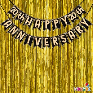 wobbox happy anniversary bunting banner black amp copper gold text with hanging stars 20th year with golden colour foil fringe anniversary decoration for home happy anniversary decoration item