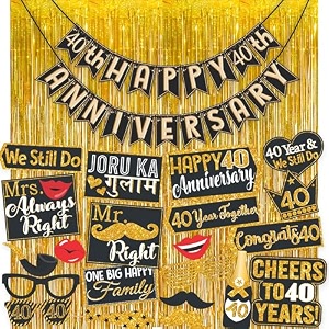 wobbox happy anniversary bunting banner black amp copper gold text with hanging stars 40th year with happy anniversary party props amp golden colour foil fringe happy anniversary decoration item