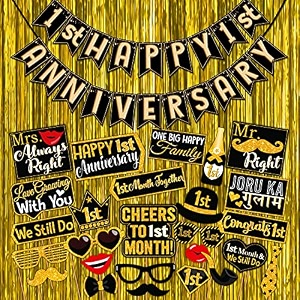 wobbox happy anniversary bunting banner black amp copper gold text with hanging stars 1st month with happy anniversary party props amp golden colour foil fringe happy anniversary decoration item