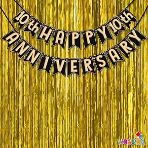 wobbox happy anniversary bunting banner black amp copper gold text with hanging stars 10th year with golden colour foil fringe anniversary decoration for home happy anniversary decoration item