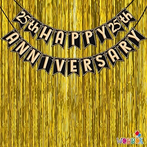 wobbox happy anniversary bunting banner black amp copper gold text with hanging stars 25th year with golden colour foil fringe anniversary decoration for home happy anniversary decoration item
