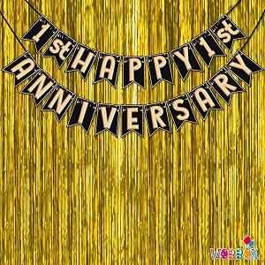 wobbox happy anniversary bunting banner black amp copper gold text with hanging stars 1st month with golden colour foil fringe anniversary decoration for home happy anniversary decoration item