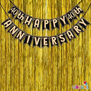 wobbox happy anniversary bunting banner black amp copper gold text with hanging stars 40th year with golden colour foil fringe anniversary decoration for home happy anniversary decoration item