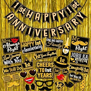 wobbox happy anniversary bunting banner black amp copper gold text with hanging stars 1st year