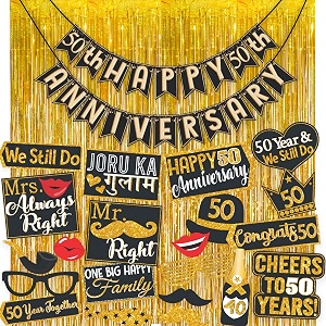 wobbox happy anniversary bunting banner black amp copper gold text with hanging stars 50th year with happy anniversary party props amp golden colour foil fringe happy anniversary decoration item