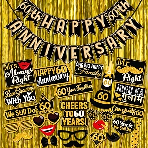 wobbox happy anniversary bunting banner black amp copper gold text with hanging stars 60th year with happy anniversary party props amp golden colour foil fringe happy anniversary decoration item