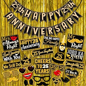 wobbox happy anniversary bunting banner black amp copper gold text with hanging stars 25th year with happy anniversary party props amp golden colour foil fringe happy anniversary decoration item