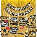 Wobbox Happy Anniversary Bunting Banner Black &amp; Copper Gold Text with Hanging Stars 40th Year with Happy Anniversary Party Props &amp; Golden Colour Foil Fringe, Happy Anniversary Decoration Item