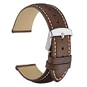 WOCCI 16mm Vintage Leather Watch Band for Men and Women, Silver Buckle (Dark Brown/Contrasting Stitch)