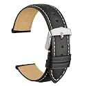 WOCCI 22mm Vintage Leather Watch Band for Men and Women, Silver Buckle (Black/Contrasting Stitch)