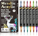 Woleebee Metallic Acrylic Markers Dual Tip Brush Pens (12 Colors, 6 Pcs) Water-Based, Quick Dry, Waterproof for Art, Craft, Calligraphy Nib Sketch Pens
