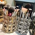 Wolpin 1 Pc Crystal Cosmetic Makeup Brush & Lipstick Holder (10 x 10 x 12 CM) | Embellished Pen & Brush Organizer Stand for Dressing Table (Gold)