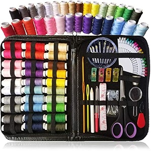 wolpin 100 pcs sewing kit with pu bag  sewing and stitching supplies  30 thread spools scissors needles measuring tape  portable sewing kit for diy adults beginners emergency travel and home  black