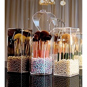 wolpin makeup brush box holder transparent 85 x 85 x 21 cm  acrylic cosmetic storage organizer with pearls for brushes eyebrow pen kajal  vanity organizer