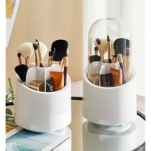 wolpin 360 rotating cosmetic makeup brush storage holder 122 x 233 cm  dust-proof organiser for lipstick pens amp accessories  dressing table storage stand for home use white