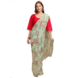 womanista women39s floral printed poly georgette saree with moti lace ti1875_green amp pink