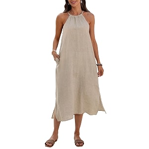 Womens 100 Linen Midi Dress Halter Neck