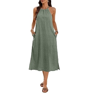 Womens 100 Linen Midi Dress Halter Neck