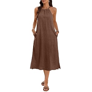 Womens 100 Linen Midi Dress Halter Neck