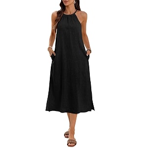 Womens 100 Linen Midi Dress Halter Neck