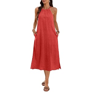 Womens 100 Linen Midi Dress Halter Neck