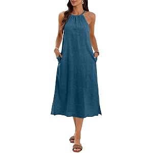 Womens 100 Linen Midi Dress Halter Neck