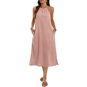 Womens 100 Linen Midi Dress Halter Neck
