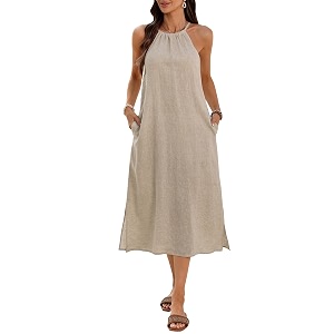 Womens 100 Linen Midi Dress Halter Neck