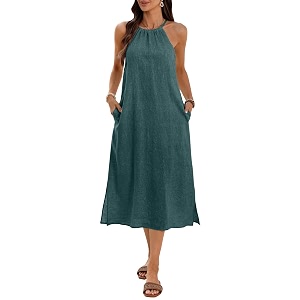 Womens 100 Linen Midi Dress Halter Neck