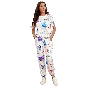 women39s allover letter printed round neck short sleeves top and joggers set
