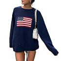 Women's American Flag Sweater Vintage Star Print Long Sleeve Crew Neck Sweater Top 4th of July Knit Top