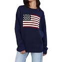 Women's American Flag Sweater Vintage Star Print Long Sleeve Crew Neck Sweater Top 4th of July Knit Top