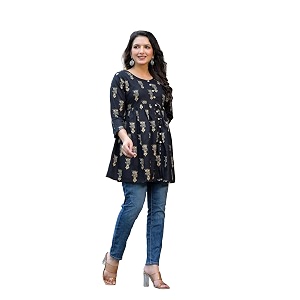 Womens Black Printed Cotton Top Round