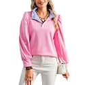 Women's Button-Down Collar Long Sleeve Polo Shirt with Striped Collar Detail, Pink, Business Casual Top