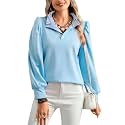 Women's Button-Down Collar Long Sleeve Polo Shirt with Striped Collar Detail, Pink, Business Casual Top