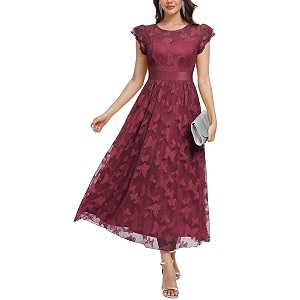 Womens Casual Tulle Midi Dress Ruffle Sleeve