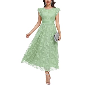 Womens Casual Tulle Midi Dress Ruffle Sleeve