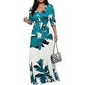 Women's Church Maxi Wrap V Neck 3/4 Sleeve Tie Waist Plus Size Long Dress