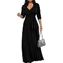 Women's Church Maxi Wrap V Neck 3/4 Sleeve Tie Waist Plus Size Long Dress