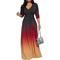 Women's Church Maxi Wrap V Neck 3/4 Sleeve Tie Waist Plus Size Long Dress
