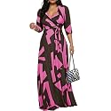 Women's Church Maxi Wrap V Neck 3/4 Sleeve Tie Waist Plus Size Long Dress