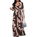 Women's Church Maxi Wrap V Neck 3/4 Sleeve Tie Waist Plus Size Long Dress